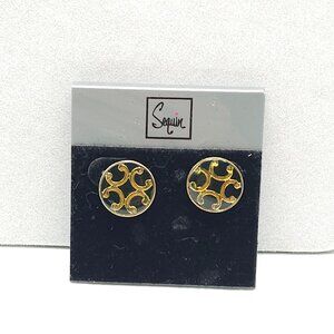 Sequin Gold and Black Enamel Round Stud Earrings On Card 1980s